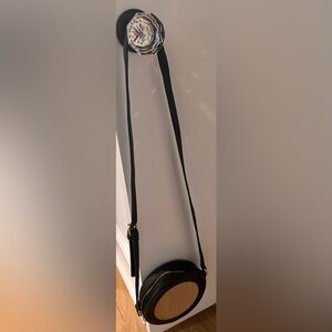 Round Raffia & Leather Crossbody Bag - 7”